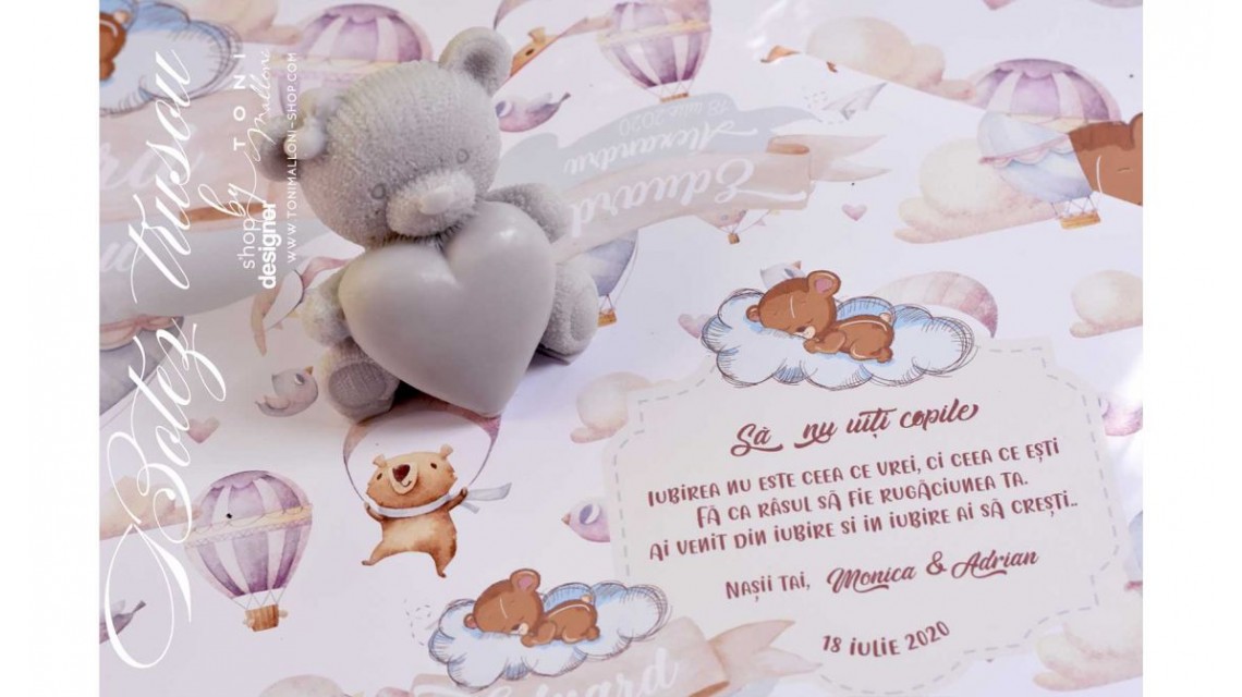 Trusou de botez cu ursuleti si baloane de aer cald Air Ballons Teddy Bear 6